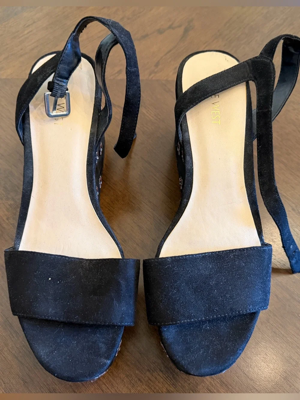 Nine West Black Floral Accent Platform Wedge Sandals